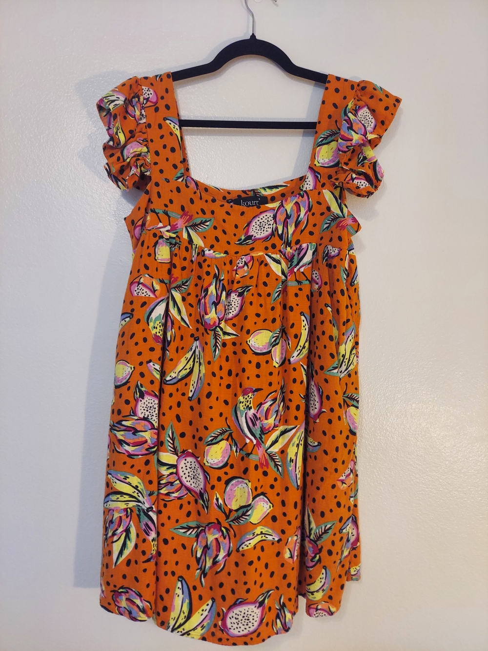 Kourt Women's Tropical Fruit And Bird Ruffle Sleeve Mini Dress Size Small